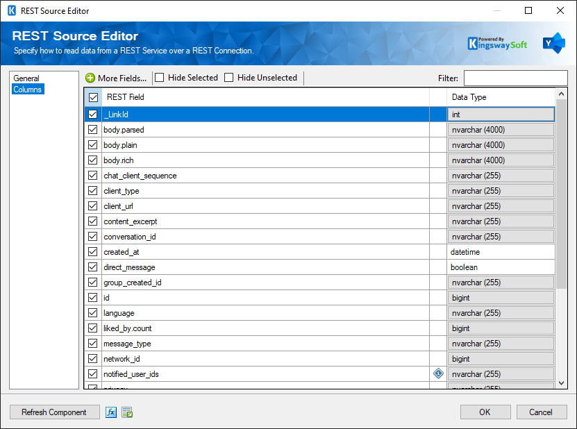 SSIS Yammer REST Source - Columns